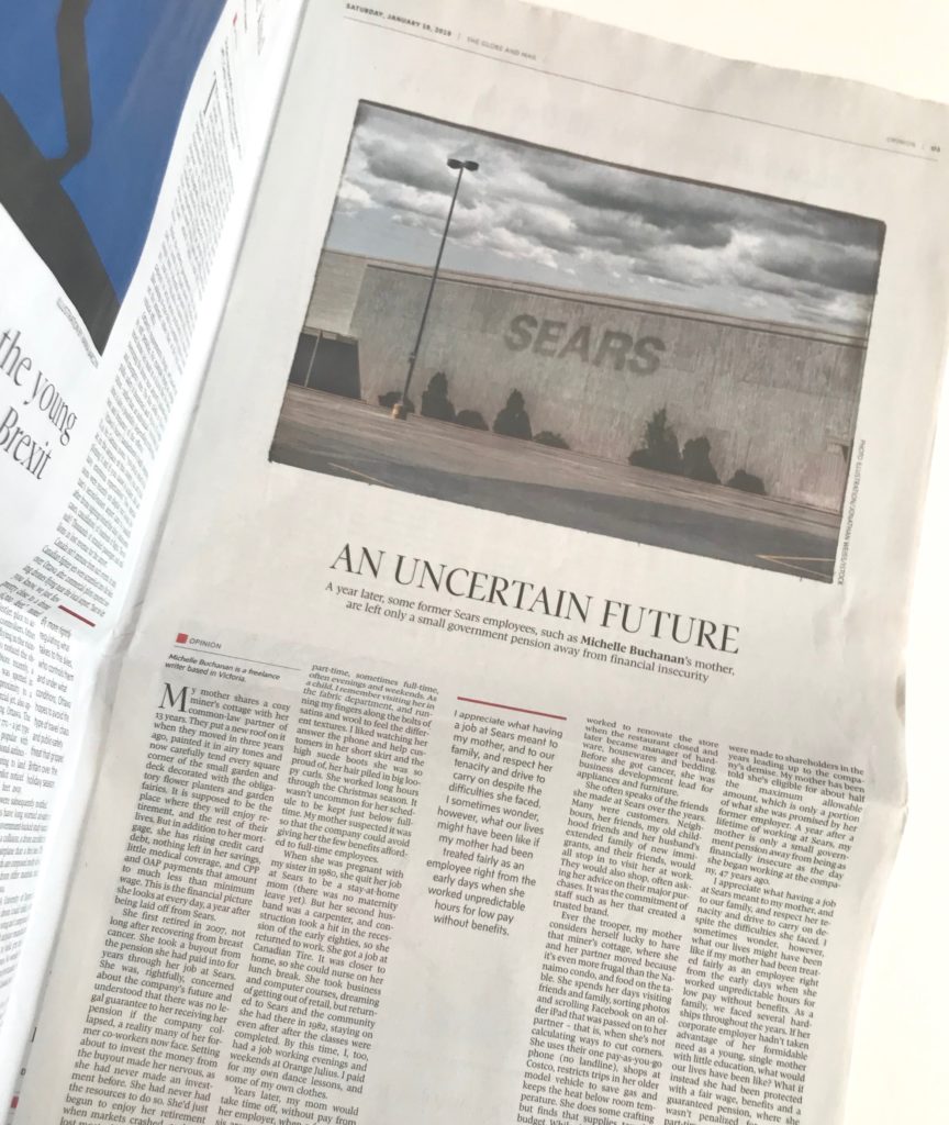 Photo of Michelle Buchanan's full-page article appearing on page 3 of the Opinion section of The Globe and Mail January 19, 2019. The article includes a photo of an deteriorating Sears department store with an empty parking lot.